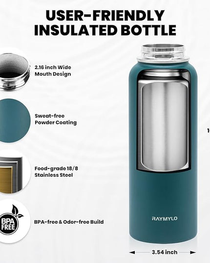 Insulated Water Bottle 40 oz, Triple Wall Vacuum Stainless Steel (Cold for 48 Hrs), Leak Proof & Non-BPA, Modern Water Flask Jug with Paracord Handle & Straw Spout Lids, Dark Green