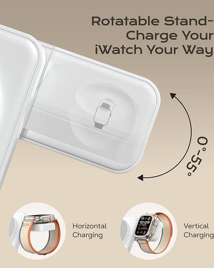 3 in 1 Magnetic Charging Station, 15W Fast Wireless Charger Compatible with MagSafe Charger Stand for iPhone 17 16 15 14 13 12, Apple Watch Charger & AirPods, Foldable Travel Charging Dock, White