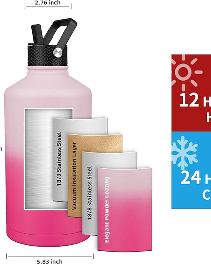 Insulated Water Bottle 128oz,Triple Wall Vacuum Stainless Steel(Dishwasher Safe),Leak Proof & Non-BPA,Flask Jug with Paracord Handle & Straw Spout Lids Sports Cherry Blossom