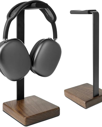 GEVO Headphone Stand Headset Holder - Headset Metal Mount Rack for Desk with Walnut Wooden Square Base for Gaming, AirPod Max, Bose, Sony, Razer, Jabra, JBL