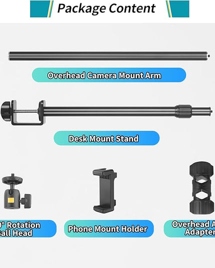 Camera Desk Mount Webcam Stand with Overhead Articulating Magic Boom Arm 1/4" Ball Head for DSLR Tripod, Adjustable Light Stand, Tabletop C Clamp for Ring Light Photo Video Shooting Live Streaming