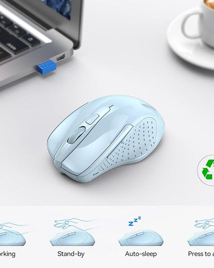 TECKNET Wireless Mouse (2.4G & BT5.0/3.0) Silent 4800 DPI Computer USB A & Bluetooth Mouse 6 Buttons, Wide Compatibility - Lightblue