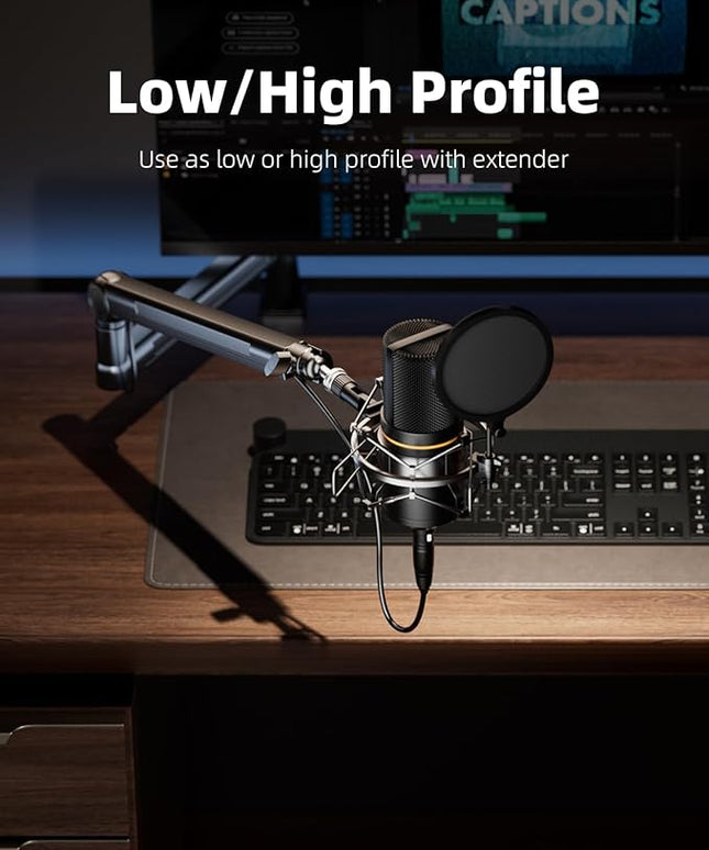 TODI Mic Stand Desk, Low/High Profile Mic Arm Bear 4.5LBS with Extension Riser, Adjustable All Metal Desk Microphone Stand with Cable Channel, Boom Arm Mic Stand with 3/8'' 5/8'' Interface
