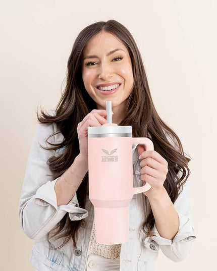 40 Oz Insulated Tumbler with Handle and Straw, Stainless Steel Coffee Travel Mug with Lid, Leak Proof Water Bottle with Accessories, Cream