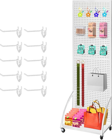 2'x 6' Metal Pegboard Display Stand with a Plate, Peg Board Panels, Standing Pegboard Display, Craft Fair Display Rack, Art Display Stand, Extra 10 pieces Hooks - White