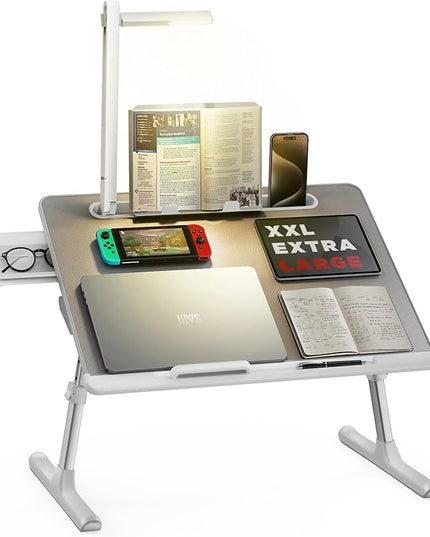 SAIJI Laptop Bed Tray Desk with LED Desk Light, Adjustable Laptop Stand for Bed, XX-Large PVC Leather Foldable Table with Book Stand, Wrist Rest, Extra Leg Room (Grey)