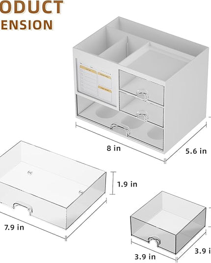 Marbrasse Desk Organizer with 3 Drawer, Multi-Functional Pencil Pen Holder for Desk, Desk Organizers and Accessories with 4 Compartments, Desktop Organizer Storage for Office Home Art Supplies (White)