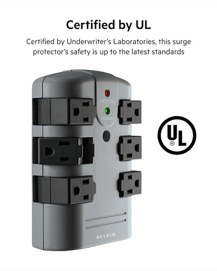 Belkin Power Strip Surge Protector - 6 Rotating AC Multiple Outlets, Flat Pivot Plug - Heavy Duty Wall Outlet Extender for Home, Office, Travel, Computer Desktop & Phone Charging Brick (1,080 Joules)