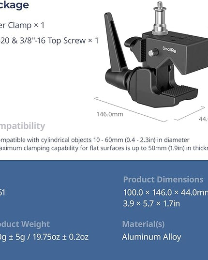 SMALLRIG Super Clamp Kit, Heavy Duty Max Load 33lb /15kg, with a 1/4"-20 & a 3/8"-16 Top Screw on a 5/8" Stud, for Photography Studio Video Camera Lighting, for Round Pipe and Flat Surface