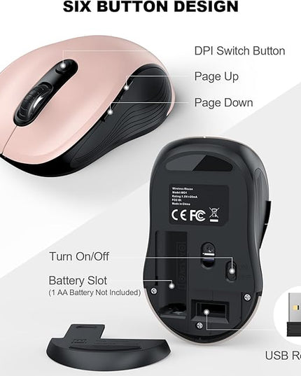 WisFox 2.4G Wireless Mouse for Laptop, Ergonomic Computer Mouse with USB Receiver and Type-C Adapter, 3 Adjustable Levels DPI, 6 Button Cordless Wireless Mice (Pink)