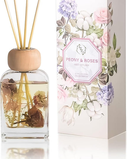 Orelune Reed Diffuser Set, 3.4 fl oz - Elegant Home Fragrance with 5 Sticks - Long-Lasting Scented Oil Diffuser for Bedroom, Bathroom Shelf Decor & Living Room (Peony & Roses)