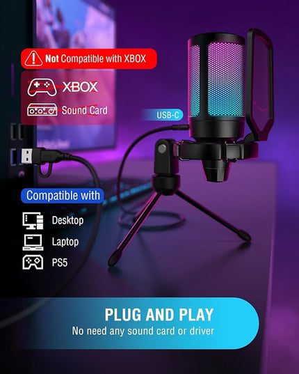 FIFINE Gaming USB Microphone for PC PS5, Condenser Mic with Quick Mute, RGB Indicator, Tripod Stand, Pop Filter, Shock Mount, Gain Control for Streaming Discord Twitch Podcasts Videos- AmpliGame