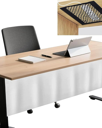 Icegrey 80" Under Desk Privacy Panel with Cable Management Organizer Net Self-Adhesive Modesty Panel for Cord Organizer Pockets and Desk Skirt for Home Office or Standing Workstation, White