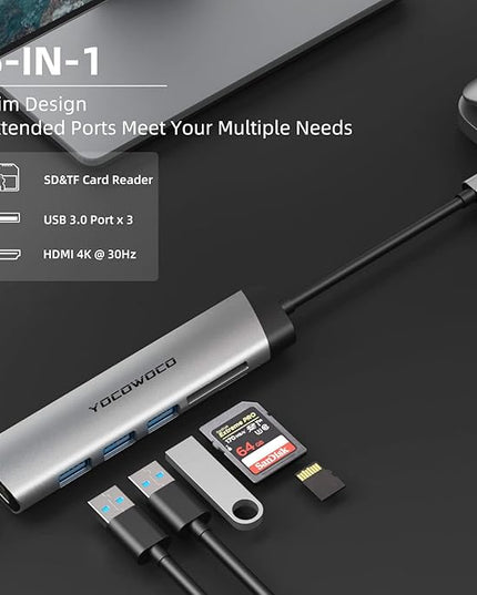 YOCOWOCO USB C Hub, 6 in 1 USB-C to HDMI Multiport Adapter with 4K HDMI, 3 USB 3.0 Ports and SD/TF Card Reader, USBC Dongle Splitter for MacBook Pro/Air, Laptops, PC, Desktop