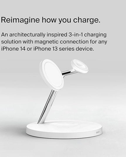 Belkin MagSafe Charger, 3-in-1 Wireless Charging Stand, 2ND GEN, 33% Faster for Apple Watch, iPhone 16, iPhone 15, iPhone 14 Series, AirPods - MagSafe Charging Station for Multiple Devices - White