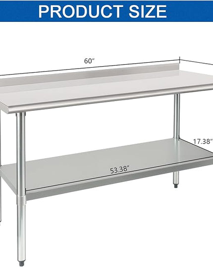 HARDURA Stainless Steel Table Prep & Work Table 24 x 60 Inches NSF Heavy Duty Commercial with Undershelf and Backsplash for Restaurant Kitchen Home and Hotel