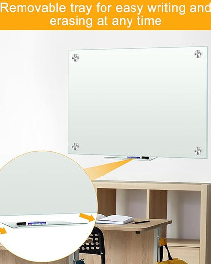 H-Qprobd Glass Whiteboard 60"x40" Magnetic Dry Erase White Board for Wall, Includes 12 Magnets, 8 Markers and 2 Erasers