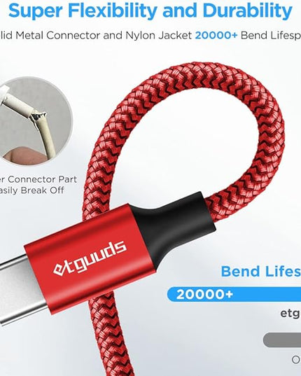 etguuds USB A to USB C Cable 6ft, 2-Pack, 3A Fast Charging Type C Charger Cord for iPhone 17 16 15 Pro Max 16e 17 Air, Samsung Galaxy S25 S24 S23 S22 S21 S20 A17 A16 A56 A55 Flip Fold, Red