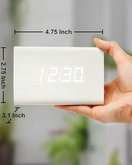 OCT17 Wooden Wood Clock, New Version LED Alarm Digital Desk Clock Adjustable Brightness, Alarm Time, Displays Time Date Temperature - White