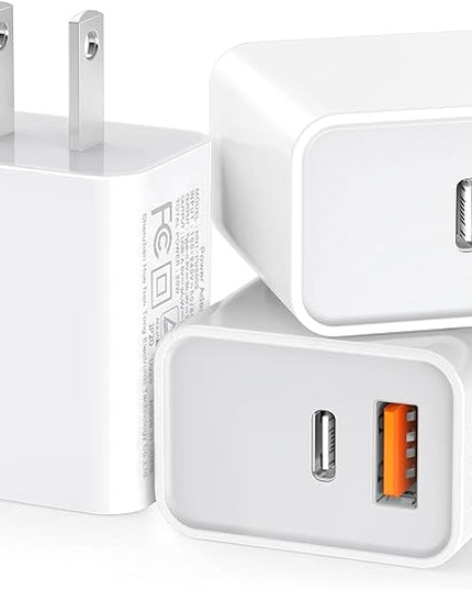 3 Pack USB C Wall Charger, 20W Durable Dual Port QC+PD 3.0 Power Adapter, Double Fast Plug Charging Block for iPhone 14/15/16/17 Pro/Pro Max/Plus, XS/XR/X, Watch Series 8/7 Cube，White