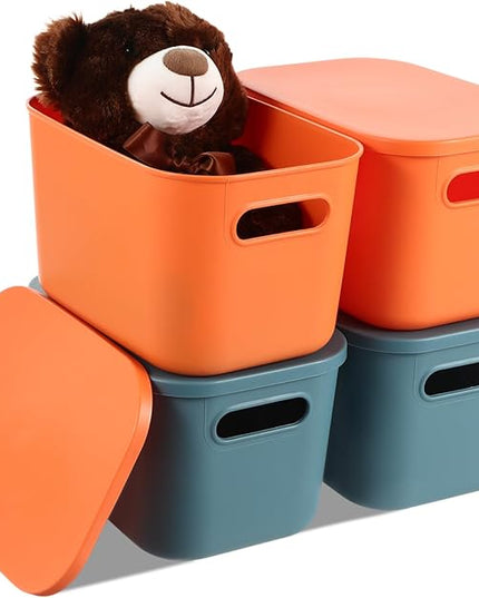 Hoolerry 8 Pieces Colorful Storage Bins with Lid, Plastic Storage Basket Organizing Container Stackable Box with Handle for Shelves Desktop Playroom Office(10.2 x 7 x 6.3 Inch,Blue and Orange)