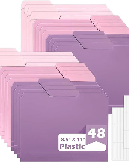 48 Pack Colored File folders Plastic Purple File Folders Letter Size 1/3 Cut Tabs File Folder with Sticky Labels Manila File Folders 8.5 x 11 for Documents Office Home School Organizer(8 per Color)