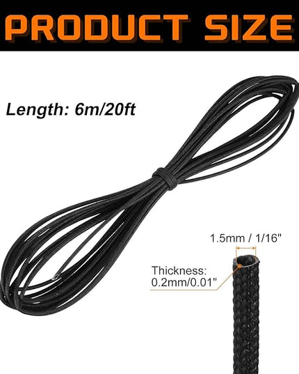 MECCANIXITY 20ft Braided Cable Sleeve, 1/16" ID 200C High Temperature 1500V Fiberglass Wire Insulation Cord Protector Organizer Wires Management for Motor Engine Fuel Line, Black