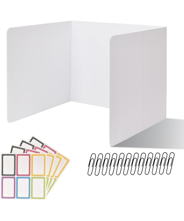12 Pack Desk Dividers for Students,3-Fold Privacy Screens,Testing Dividers for Classroom Waterproof,Plastic Easy Clean Privacy Shields for Student Includes Extra Labels
