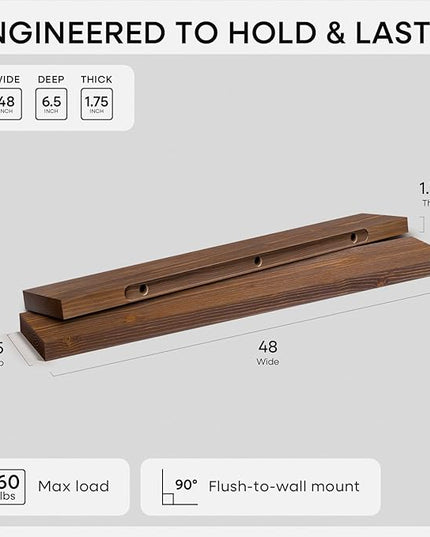 Homeforia Classic Walnut 48 inch Floating Shelf, High End Solid Real Wood Small 48inch Floating Shelves for Wall Mounted, 48in Floating Shelves, Heavy Duty Bracket, 48 X 6.5 X 1.75 inches, Set of 3