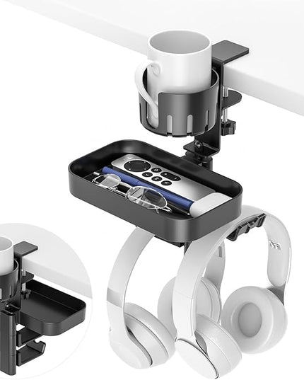 KDD Desk Cup Holder with 2 Headphone Hook - Rotating Pencil Holder & Detachable Drawer Tray - Clamp on Under Desk Headphone Holder Hidden Storage for Office School Home Accessories