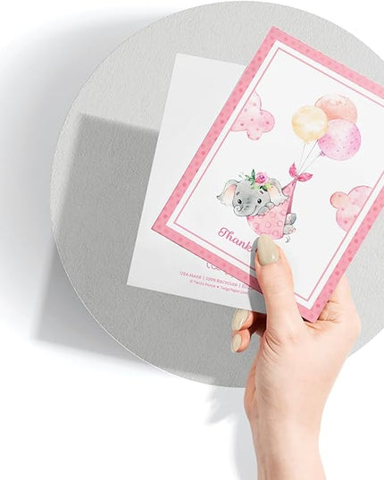Twigs Baby Shower Thank You Cards with Envelopes - 12 Set Baby Shower Cards for Girl, New Baby Congratulations Cards, Welcome Baby Card, Made in the USA - Pink Elephant Designs, 5.5 x 4.25 Inch Size