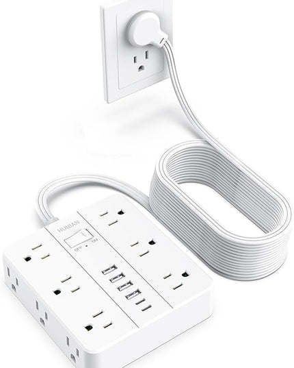 Extension Cord 25 Ft, HUNIAN Flat Plug Power Strip Surge Protector, 12 Widely Spaced Outlets with 6 USB Charger (2 USB C Ports), Desk Charging Station for Home Office Supplies, Dorm Room, White
