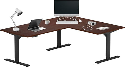 Progressive Desk Height Adjustable Computer Standing Desk - L Shaped 70" x 55" Corner Electric Stand Up Rising Workstation - Black Frame, Dark Cherry Top