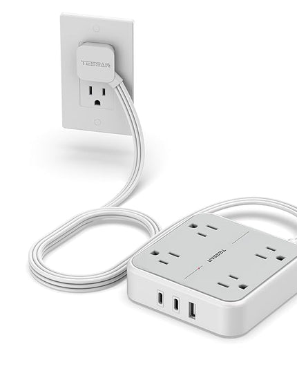 TESSAN Surge Protector Power Strip with 3 USB (2 USB C) 4 Outlets, Flat Plug Extension Cord 5 Ft, 900J Surge Protection, Multiple Charging Station with Power Switch for Home, Office, Dorm Room, Gray