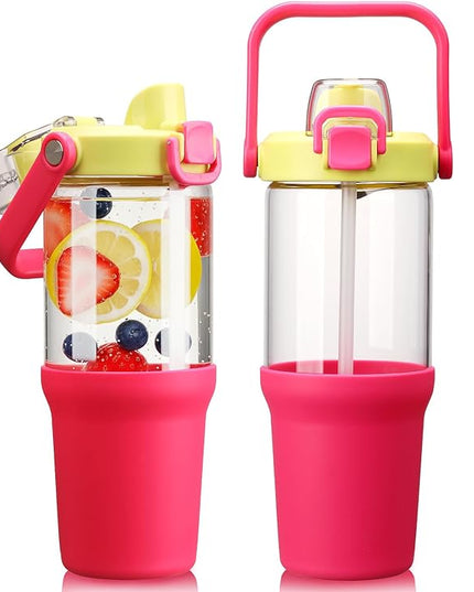 Glass Tumbler with Carry Handle, Clear Glass Water Bottle with Leakproof Lid, Spout Lid&Straw, BPA-Free, 32 oz, Bright Pink