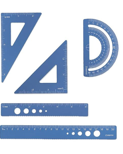 Zotemo Metal Geometry Set, 5-Piece Aluminum Ruler, Math Drafting Ruler Kit Includes Protractor, Triangle Rulers, Straight Rulers-Math Measurement Tools for School and Office Supplies (Blue)