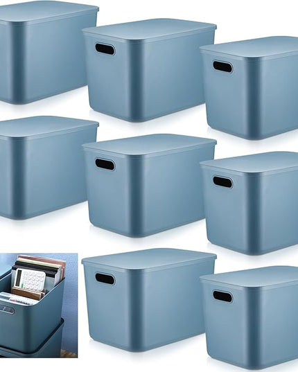 Hoolerry 8 Pieces Colorful Storage Bins with Lid, Plastic Storage Basket Organizing Container Stackable Box with Handle for Shelves Desktop Playroom Office(14.2 x 10.2 x 9.5 Inch,Blue)