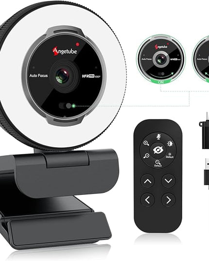 Angetube Streaming Webcam with Microphone: 1080P 60FPS USB Web Cam with Ring Light and Remote Control - HD Web Camera with 5X Digital Zoom Built in Privacy Cover,for PC|Computer|Laptop|Mac|Desktop