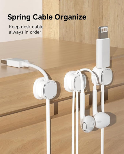 9 Pack Cord Organizer, Spring Cable Management, Adhesive Cute Cable Holder Clips, Phone Charger Wire Keeper for Desk Nightstand Car Office (9-Pack White)