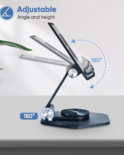 Foldable Aluminum Tablet Stand for Desk, 360° Swivel iPad & Tablet Holder – Portable & Stable Desktop Mount for 5–12.9in Devices, Dark Grey