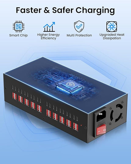 300W USB~c Charging Station, 40 Port (20 USB A & 20 USB~C Port) USB Charger Block, Fast Charging Station for Multiple Devices, Desktop Charger Compatible for iPhone, iPad, Tablets
