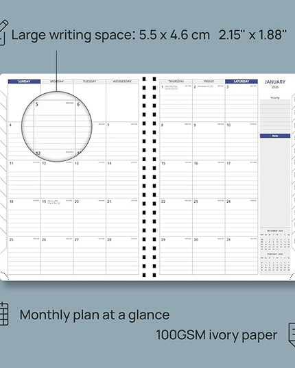 POPRUN 2026 Weekly Planner (A4-8.25'' x 11.75''), Quarter-Hourly Appointment Book (Jan. 2026 to Dec. 2026) with Monthly Tabs, Spiral Softcover, 2 Inner Pockets, Pen Holder - Blue Green