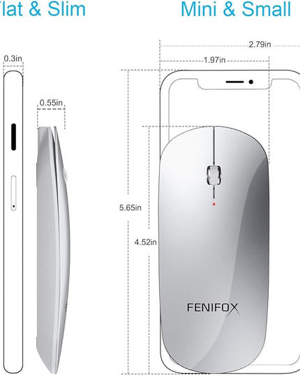 FENIFOX Wireless Bluetooth Mouse, Ultra-Thin Flat and Slim Silent USB-C Rechargeable Travel Mini Portable Mouse for Mac iPad Laptop MacBook Tablet Chromebook - White and Silver