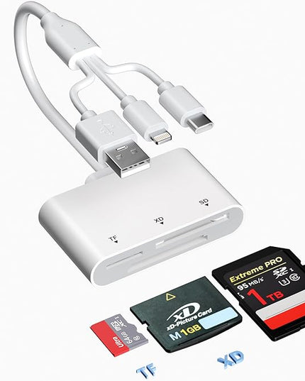 XD/TF/SD to iPhone Adapter Reader with USB-C, USB-A, Lightning - 3in1 SD MicroSD xD-Picture Card Reader, OTG Adapter SD Card Adapter for Smartphone/iPhone 17/16/15/14/13/iPad/PC/Android/Macbook/Camera