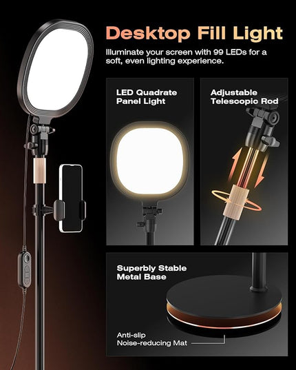 PQRQP Ring Light with Stand, Adjustable Desktop Light with Phone Holder, CRI 97+, Video Conference Light for Zoom Meetings, Webcam, Recording, Live Stream(Flash Tubes)