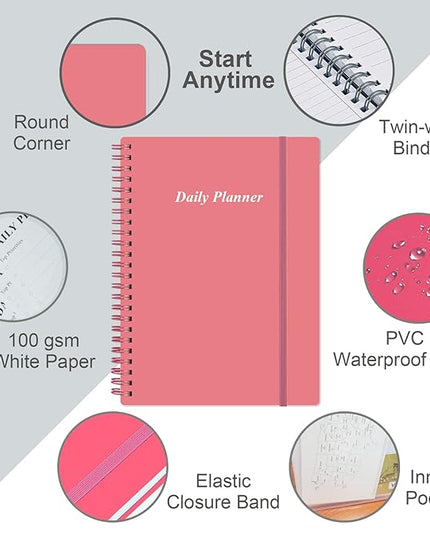 Daily Planner Undated - A5 To Do List Notebook Hourly Schedules, Spiral Appointment Planner for Women and Men, PVC Hardcover, Inner Pocket, Elastic Closure, 5.8" x 8.3", Pink
