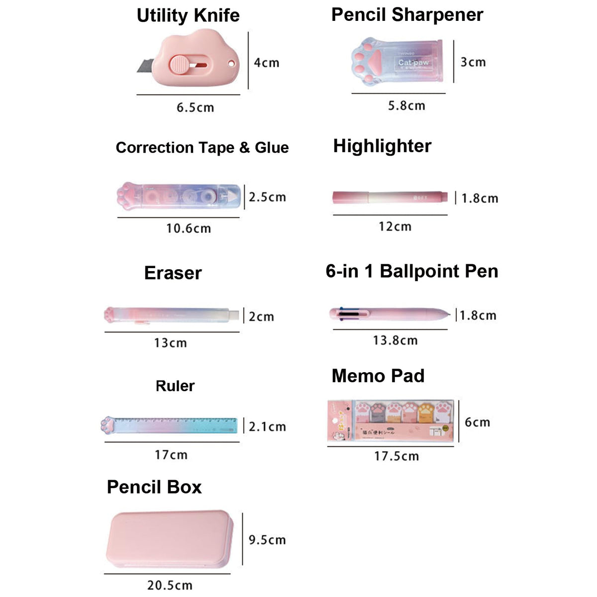 MOZXIRZ 9 Pcs Cute Pink Stationery Set Cat Paw School Supplies Kawaii Office Supplies Including Pens Pencil Sharpener Highlighter Eraser Correction Tape Ruler Utility Knife (Cat Paw-Pink)