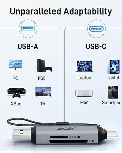 acer SD Card Reader USB C, Dual Slots USB 3.0 Type C to Micro SD Card Adapter, Memory Card Reader for MicroSD, SDHC, SDXC, Compatible with Laptop, PC, iPhone16/15, MacBook Pro/Air, iPad Pro, Android
