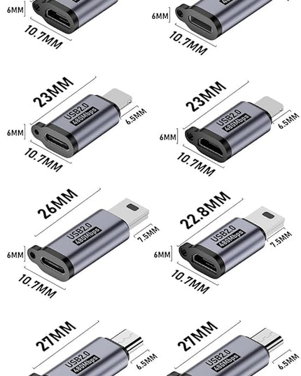 USB C to Micro USB/Mini USB/Lighting Adapter, Light-ning to USB C/Micro USB Converter, Micro USB 2.0 to Type C/Lighting/Mini USB Connector (8 Pack)