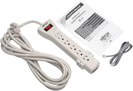 Tripp Lite 7 Outlet Surge Protector Power Strip, 7ft, Right-Angle Plug, Fax/Modem Protection, RJ11, $75,000 Insurance (SUPER7TEL), Gray, 10.3" x 2.8" x 1.5"